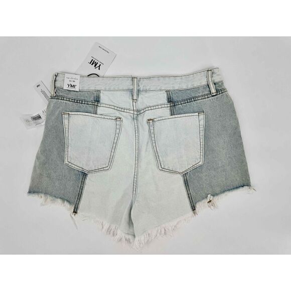 NWT YMI Color Block Two Tone Denim Shorts High Waisted Frayed Hem Festival 11 30 - Picture 2 of 5